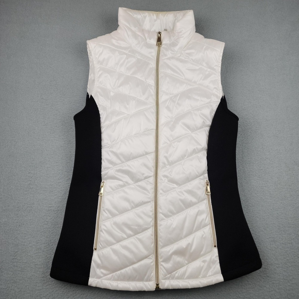 Calvin Klein Vest Womens Small White Quilted Puffer Zip Pockets Stand Collar
